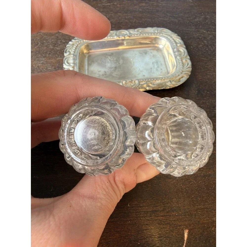 Small Vintage Glass Salt &Pepper Shakers on Silver Plated Tray